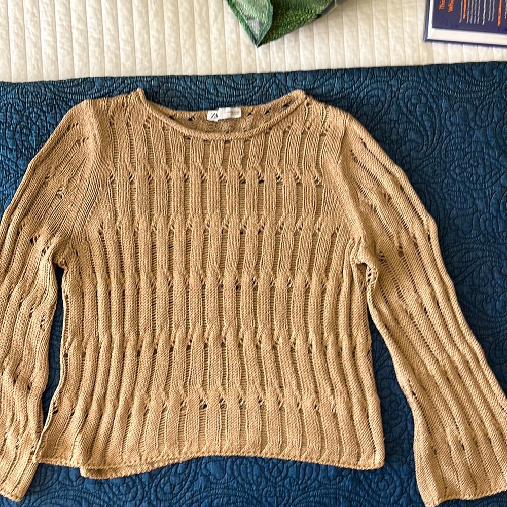 Zara Tan Open-Knit Crew Neck Sweater